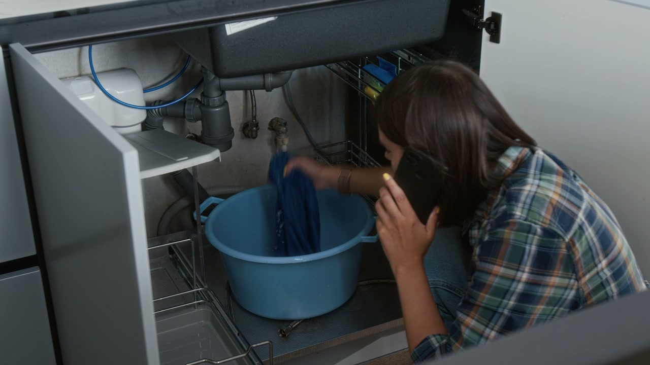 Woman Calling Plumber for Leaking Kitchen Sink