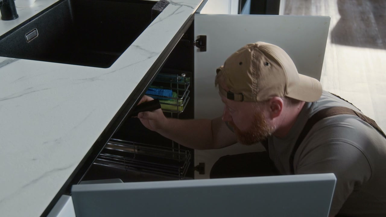 Plumber Inspecting Kitchen Sink Pipes