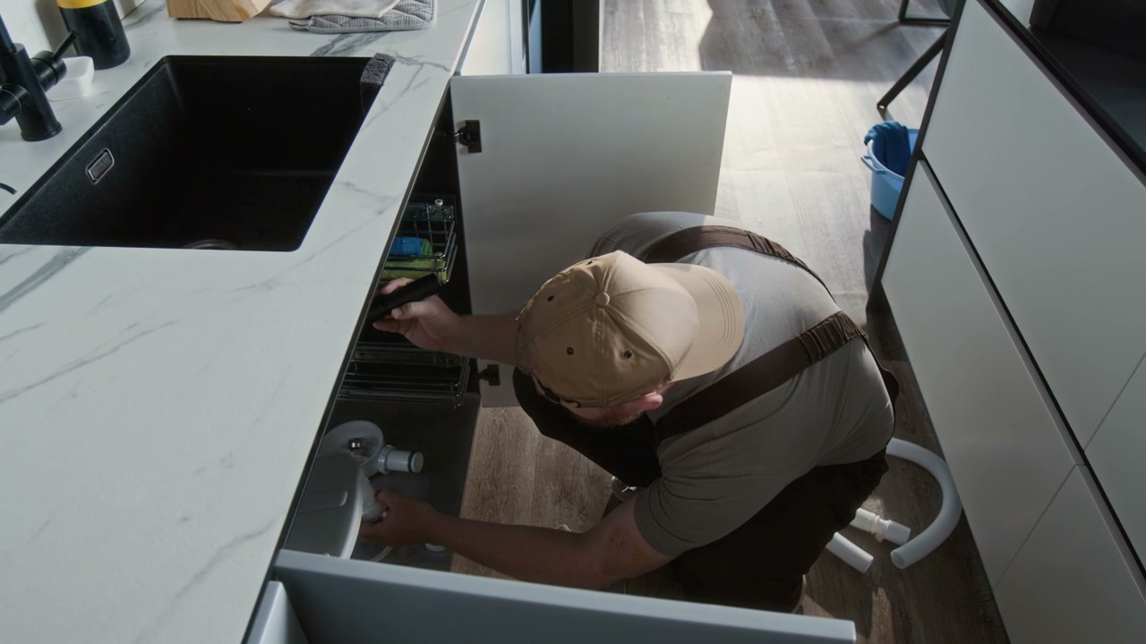 Plumber Inspecting Kitchen Sink Drain