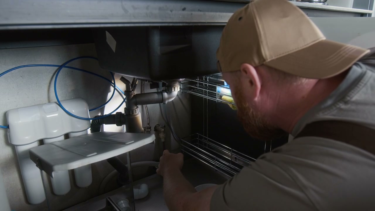 Plumber Inspecting Under Kitchen Sink