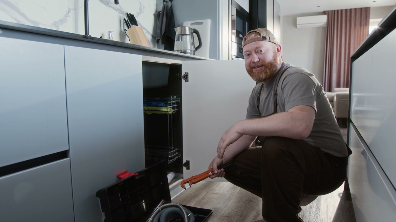 Smiling Plumber Holding Wrench Under Kitchen Sink