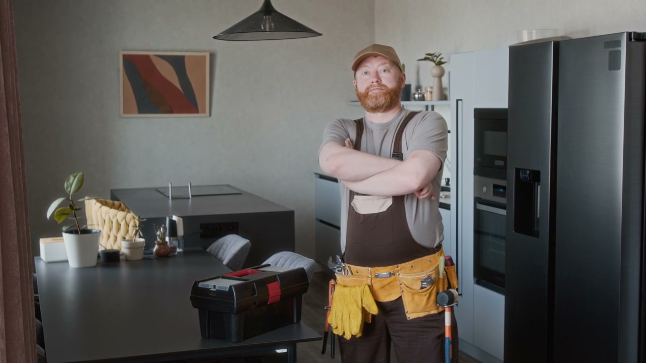 Confident Repairman Posing in Modern Kitchen