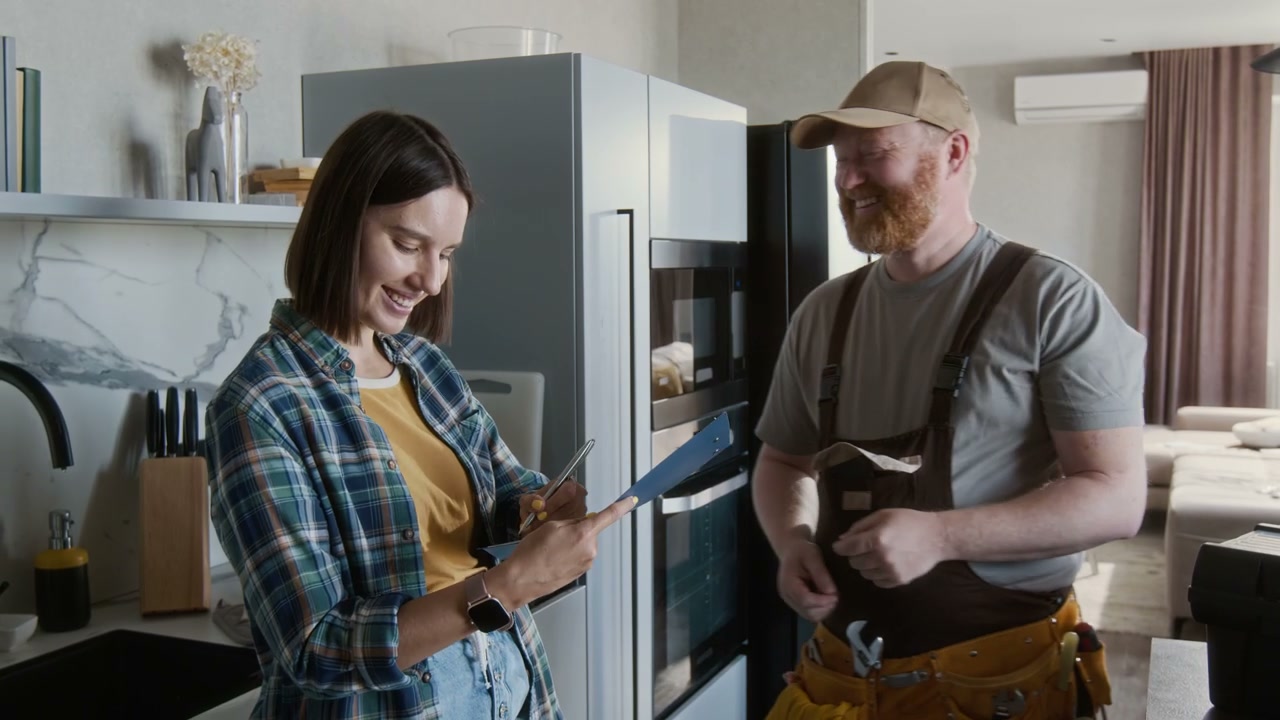 Repairman and Woman Client Sign Agreement