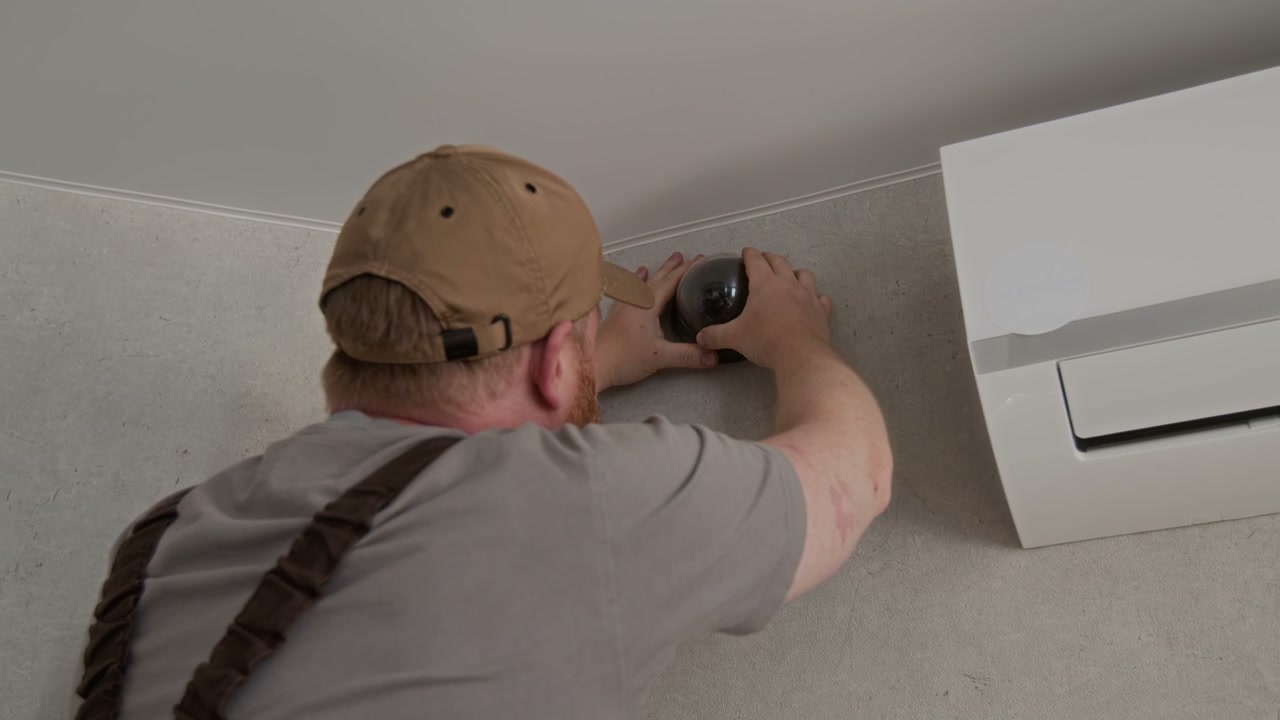 Repairman Mounting Security Camera on Wall