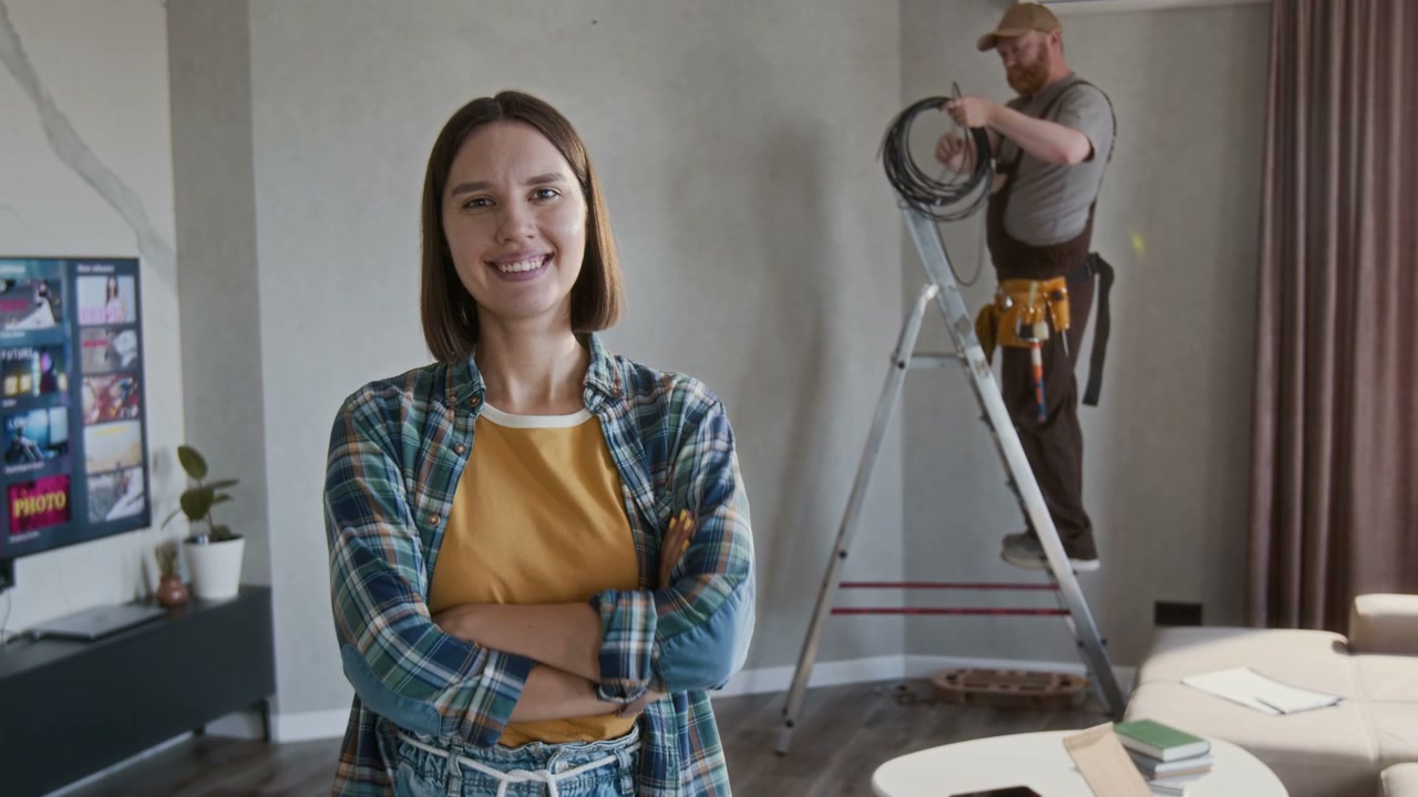 Smiling Client With Electrician in Apartment