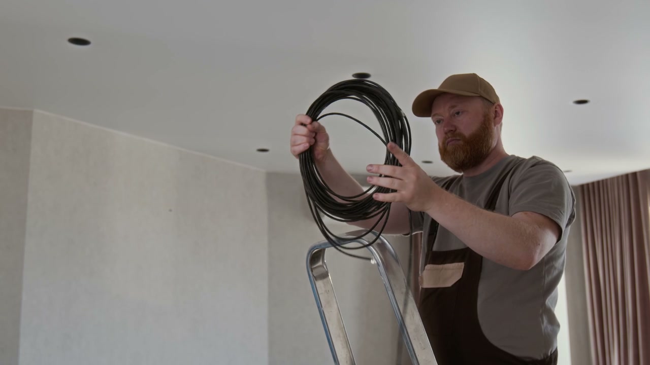 Repairman Unrolling Cable in Apartment