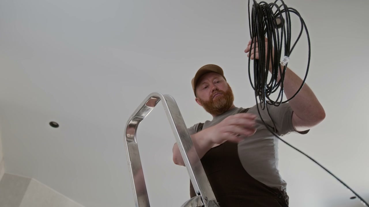 Electrician Unrolling Cable in Apartment