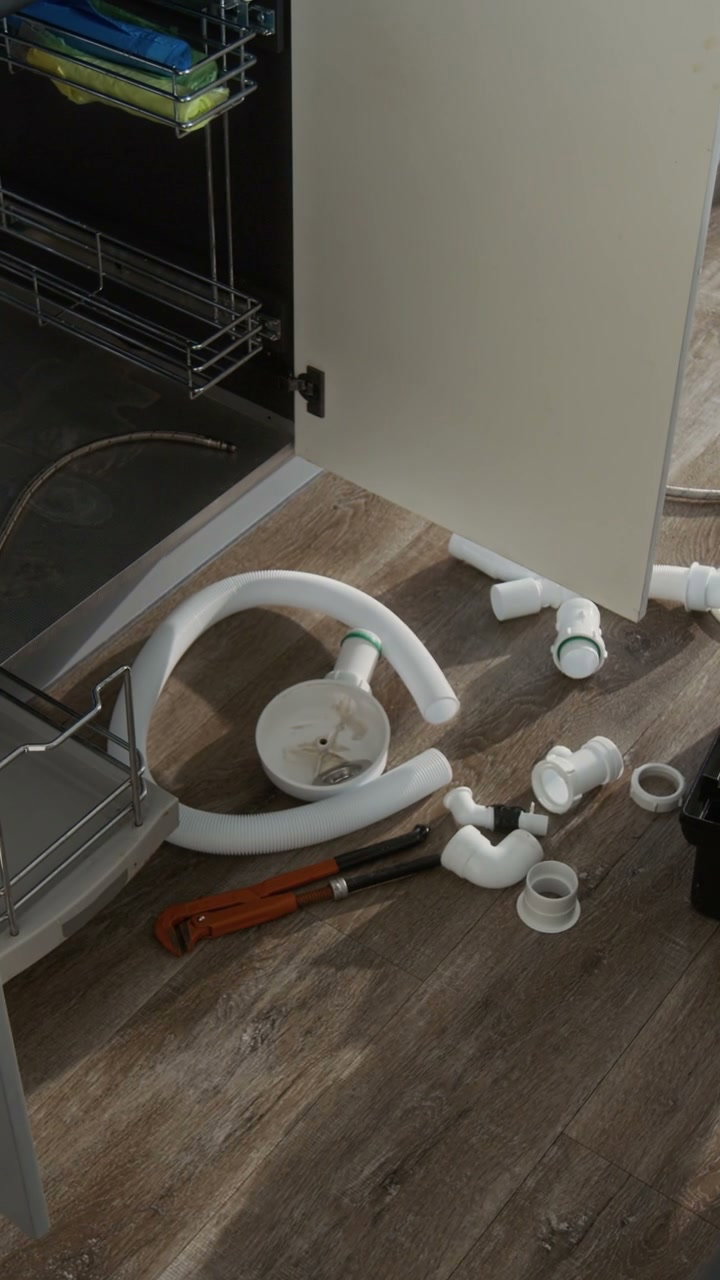 Kitchen Sink Plumbing Parts on Floor