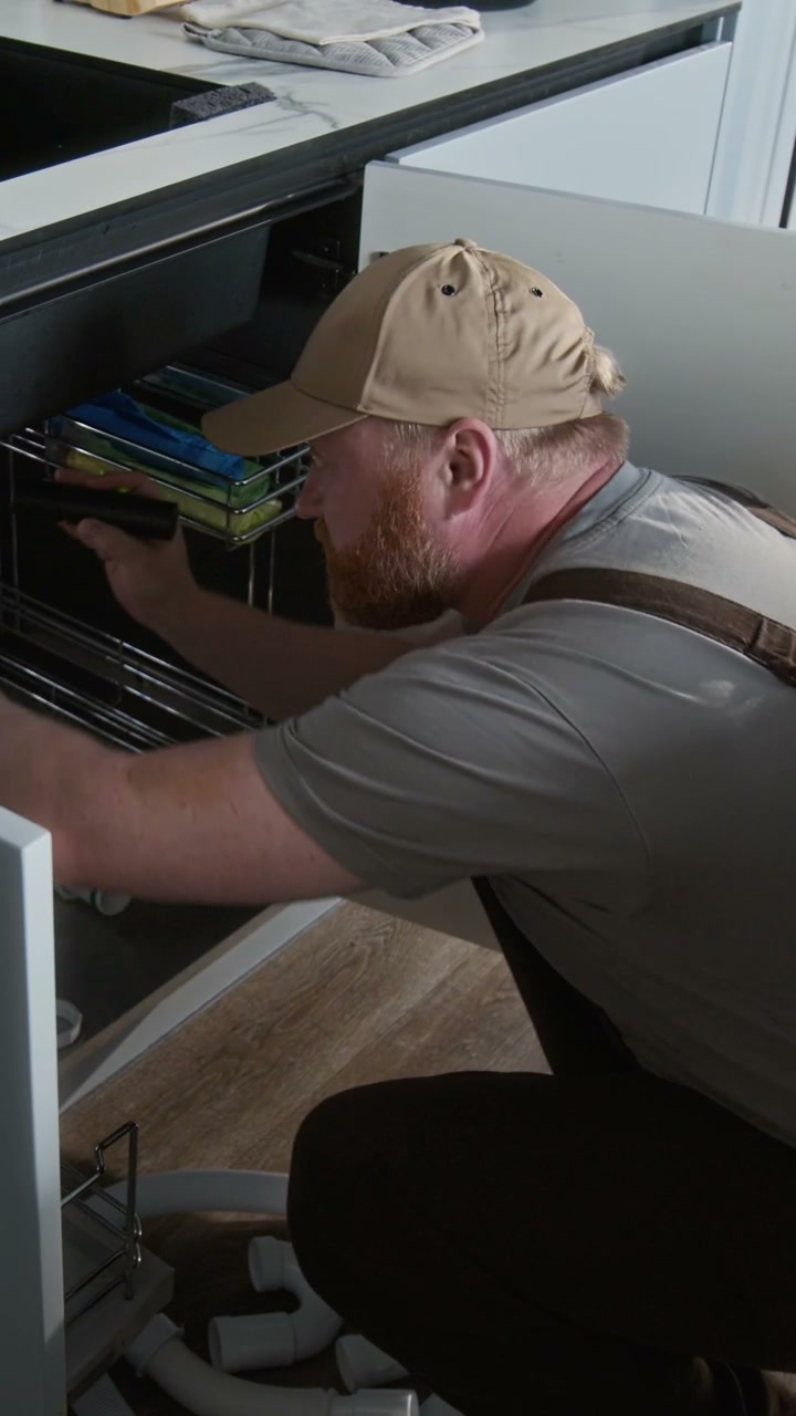 Plumber Inspecting Under Kitchen Sink
