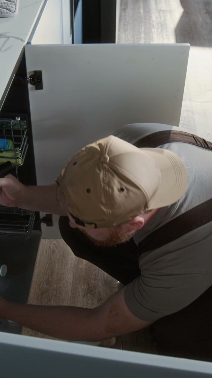 Plumber Inspecting Under Kitchen Sink