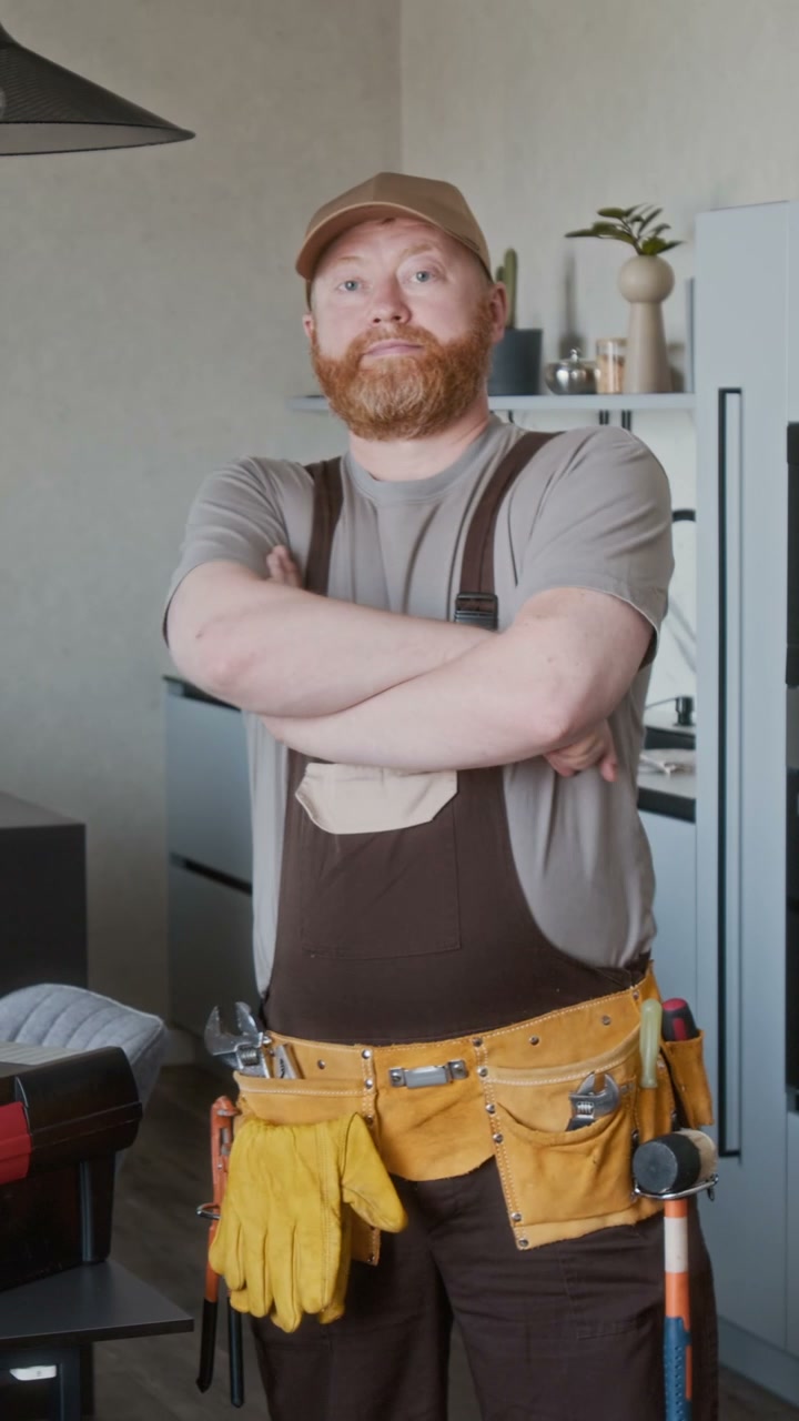 Confident Repairman with Toolbelt Posing