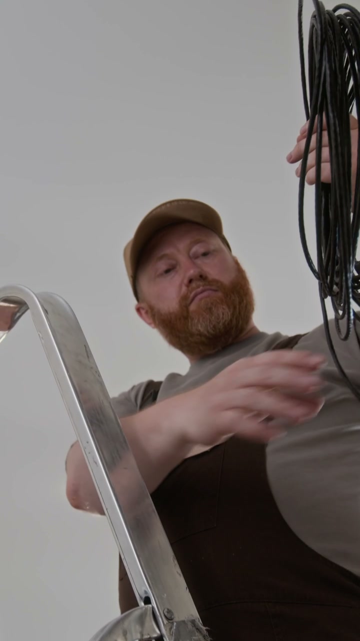 Man Unrolling Cable From Ladder