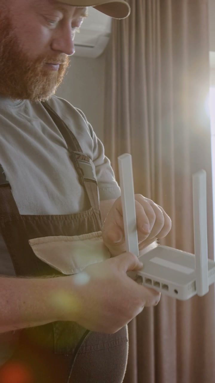 Technician Connecting WiFi Router in Apartment