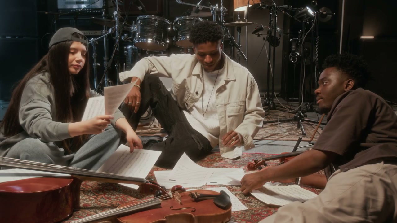 Musicians Collaborating on Sheet Music in Studio