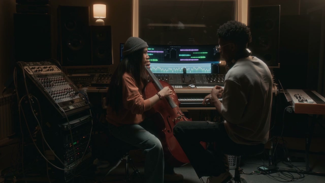 Cellist and Producer in Recording Studio