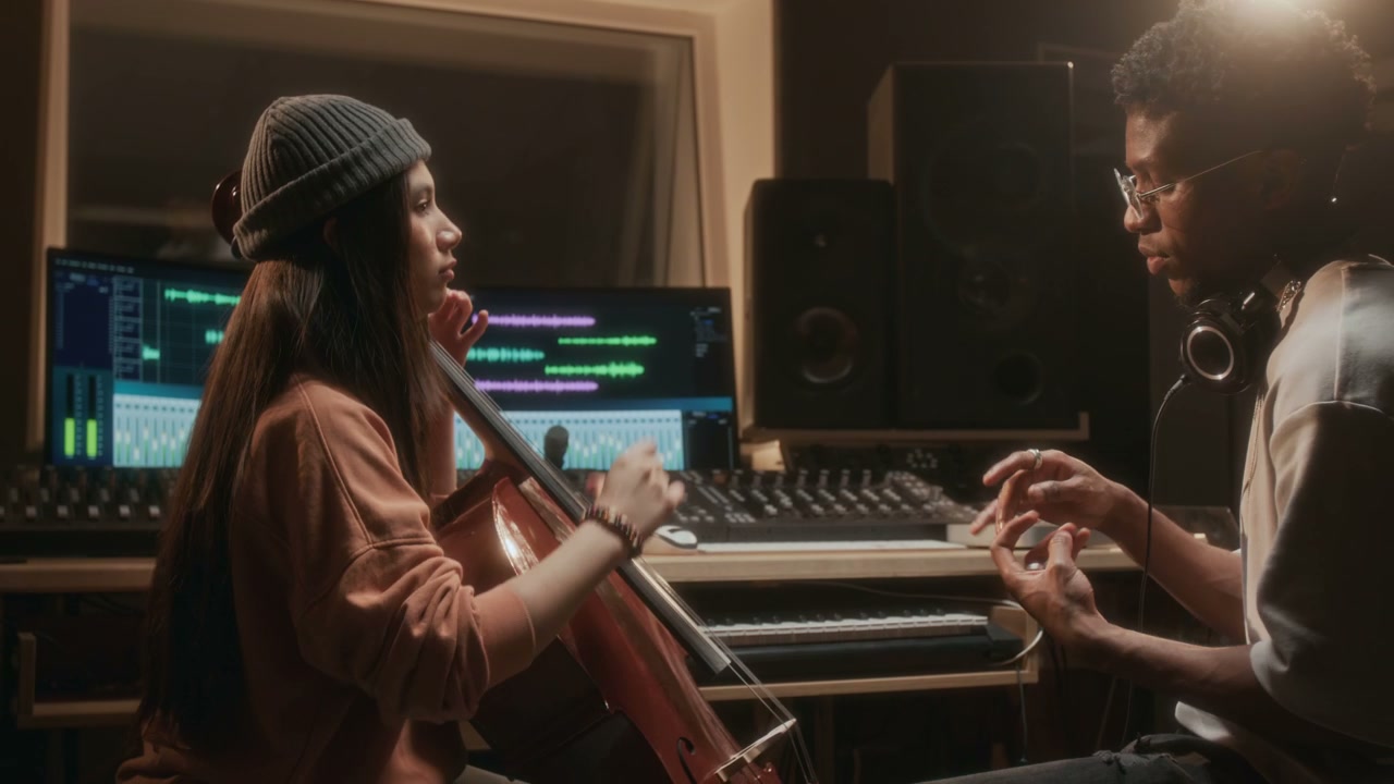 Cellist and Producer Collaborating in Studio