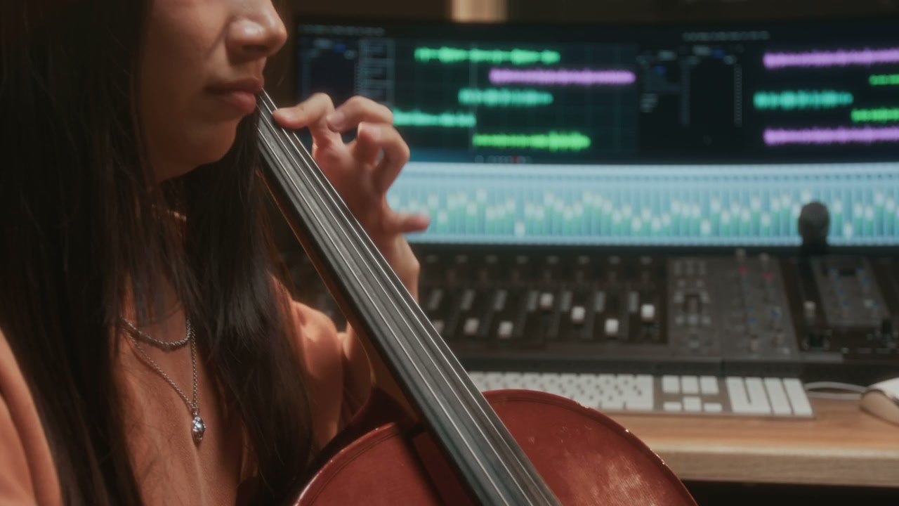 Young Woman Playing Cello In Music Studio