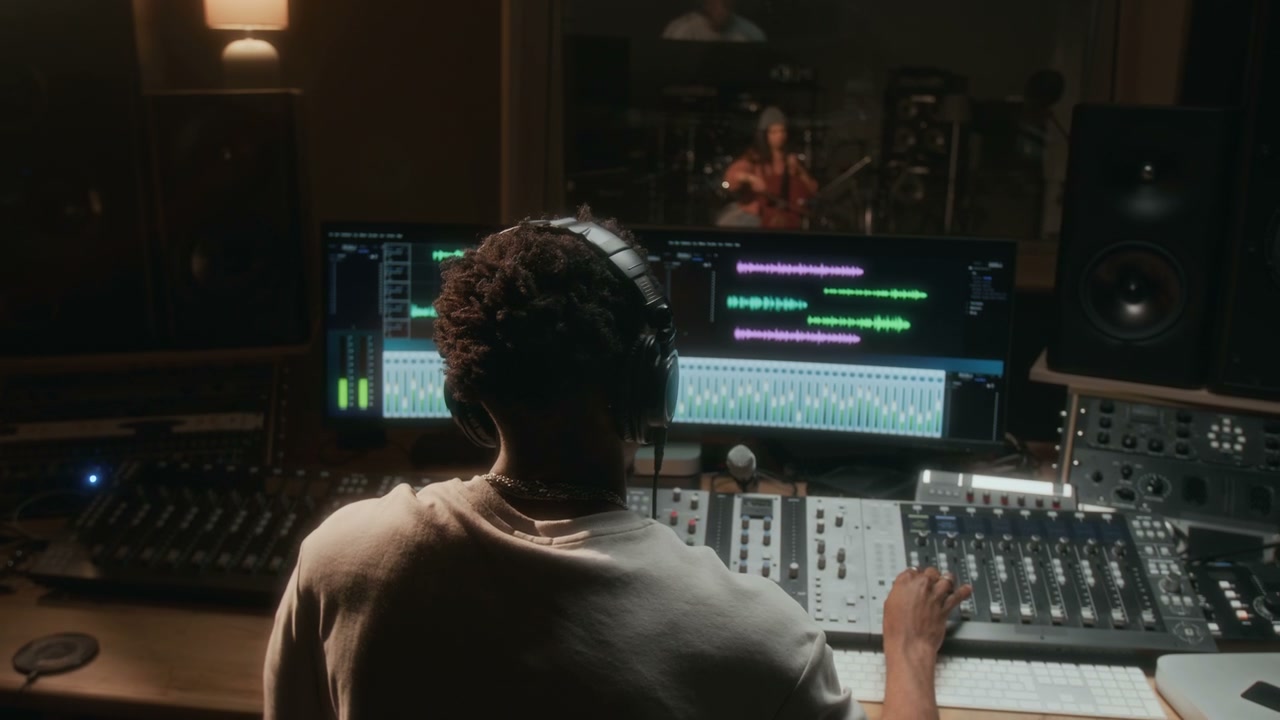 Music Producer Mixing Tracks in Recording Studio