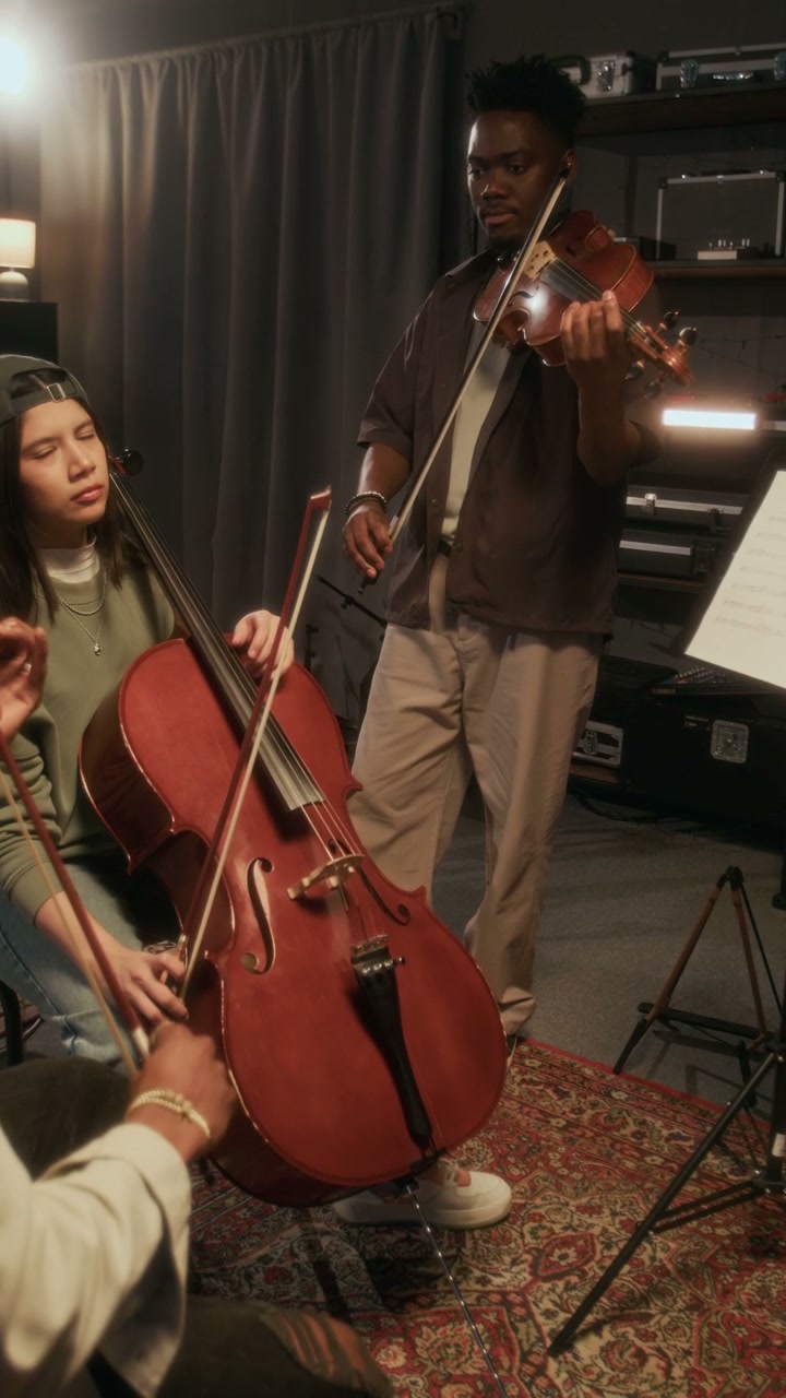 Music Trio Rehearsing String Instruments