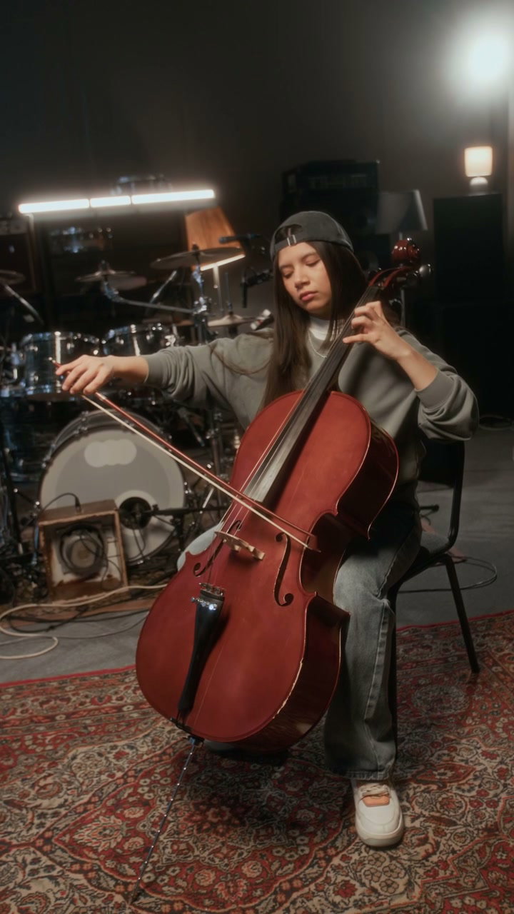 Young Woman Playing Cello in Studio