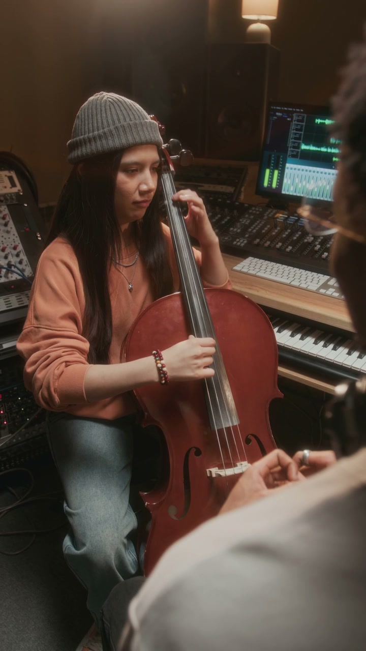 Woman with Cello in Recording Studio
