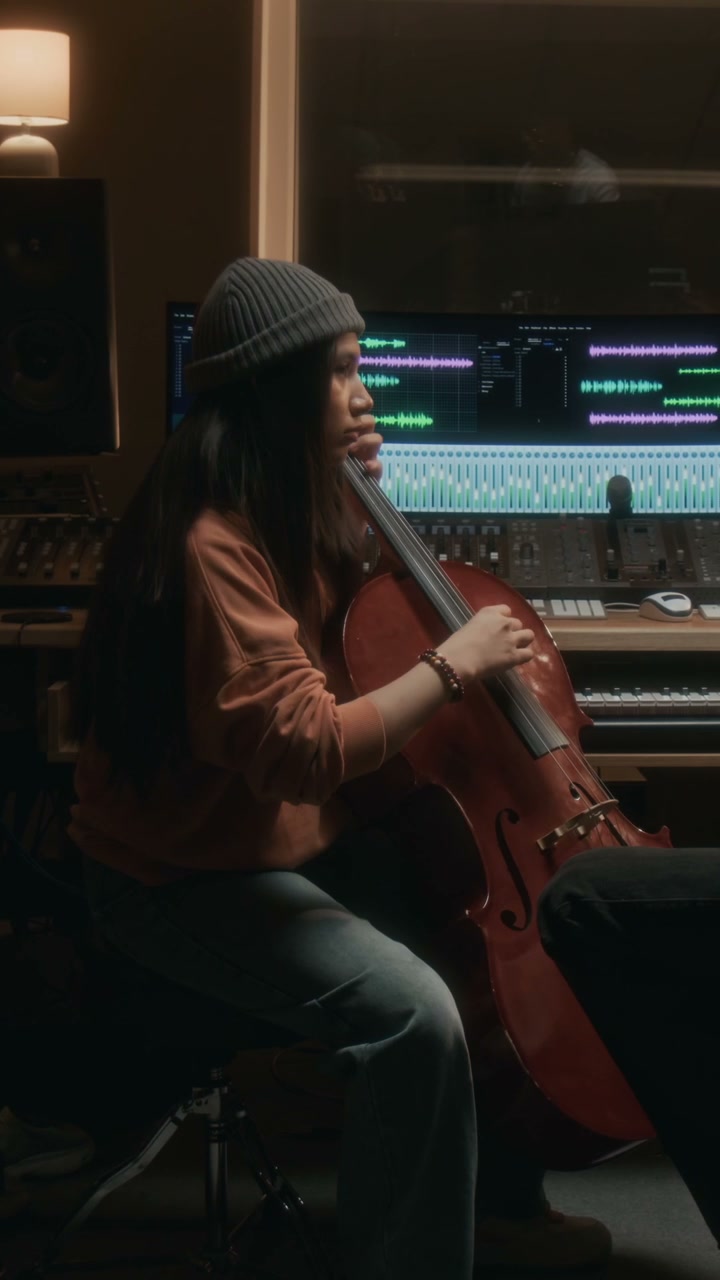 Woman Playing Cello in Recording Studio