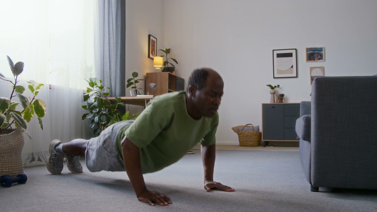 Senior Man Doing Push-ups at Home