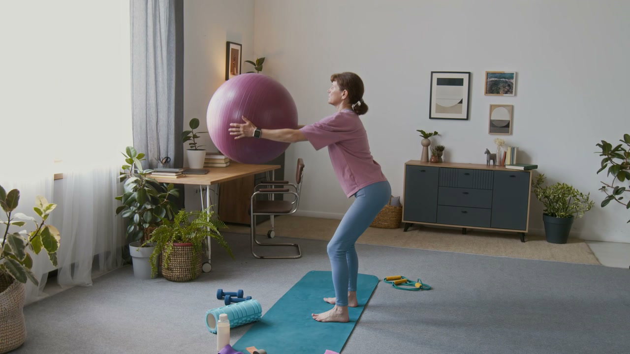 Senior Woman Squatting with Exercise Ball at Home
