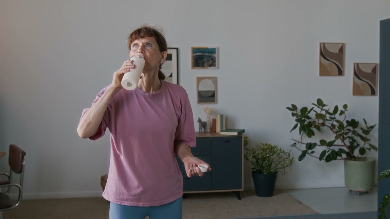 Senior Woman Drinking Protein Shake At Home