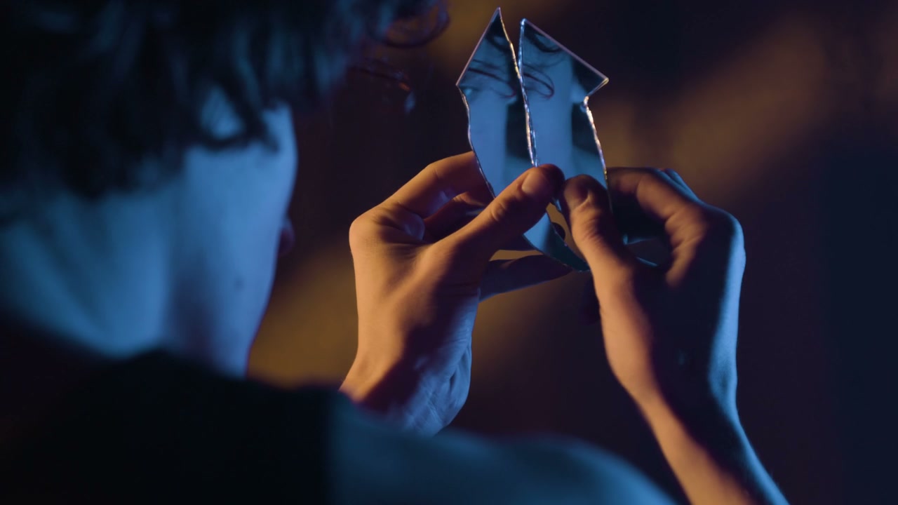 Pensive Person Holding Broken Mirror Shards