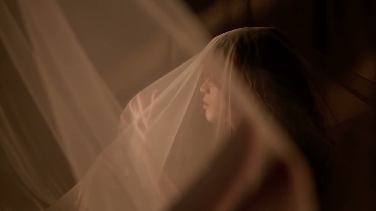 Intimate Couple Behind Flowing Fabric