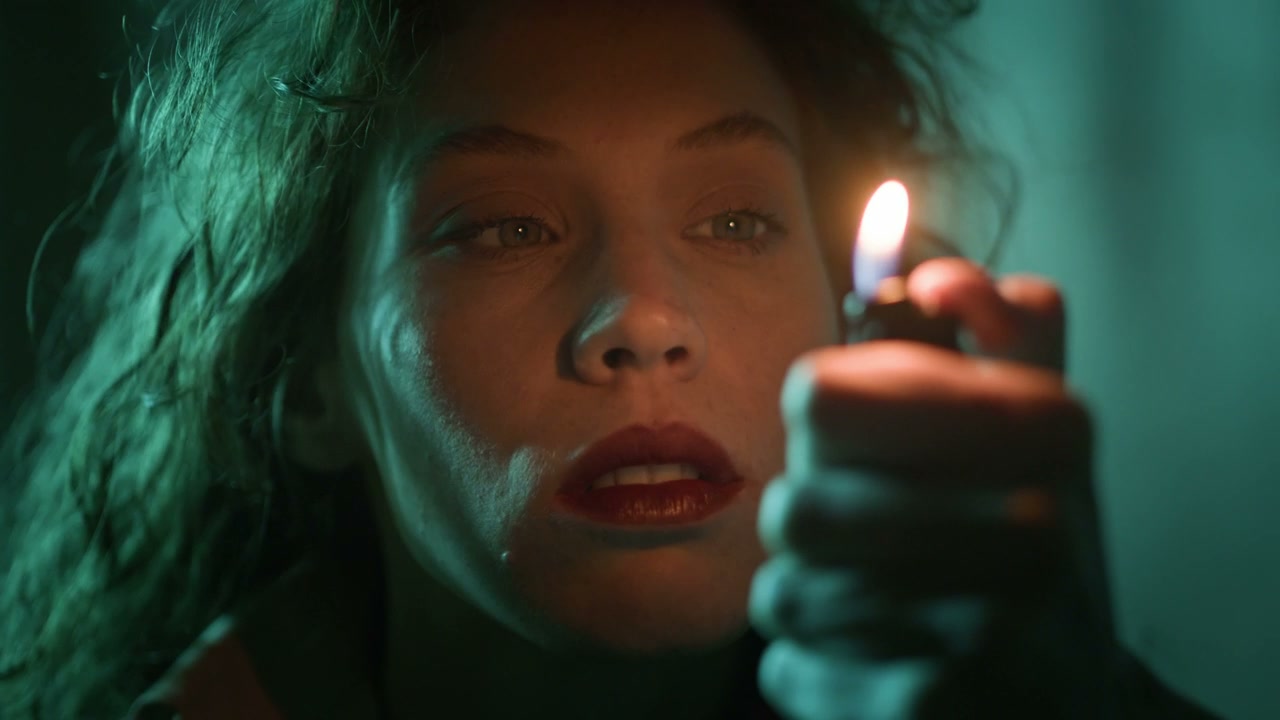 Pensive Woman Gazing at Lighter Flame