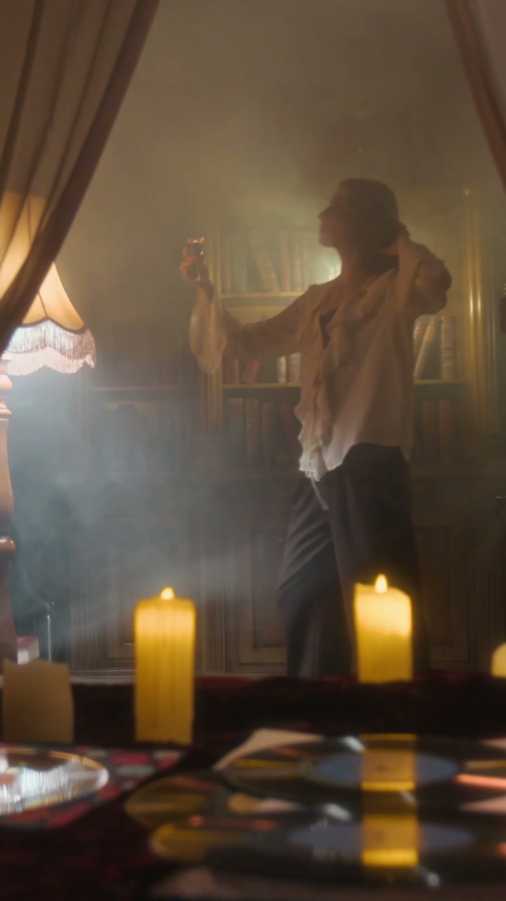 Gothic Woman Drinks Elixir in Smoky Room