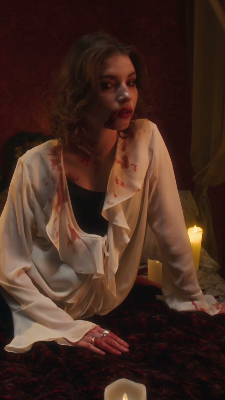 Vampire Woman Reveals Fangs in Candlelight
