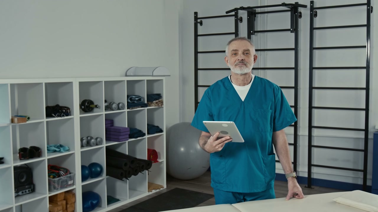 Senior Doctor Smiling with Tablet