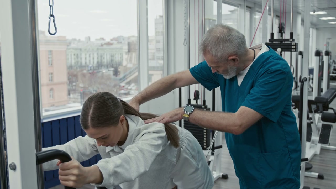 Physiotherapist Helps Woman with Leg Exercise