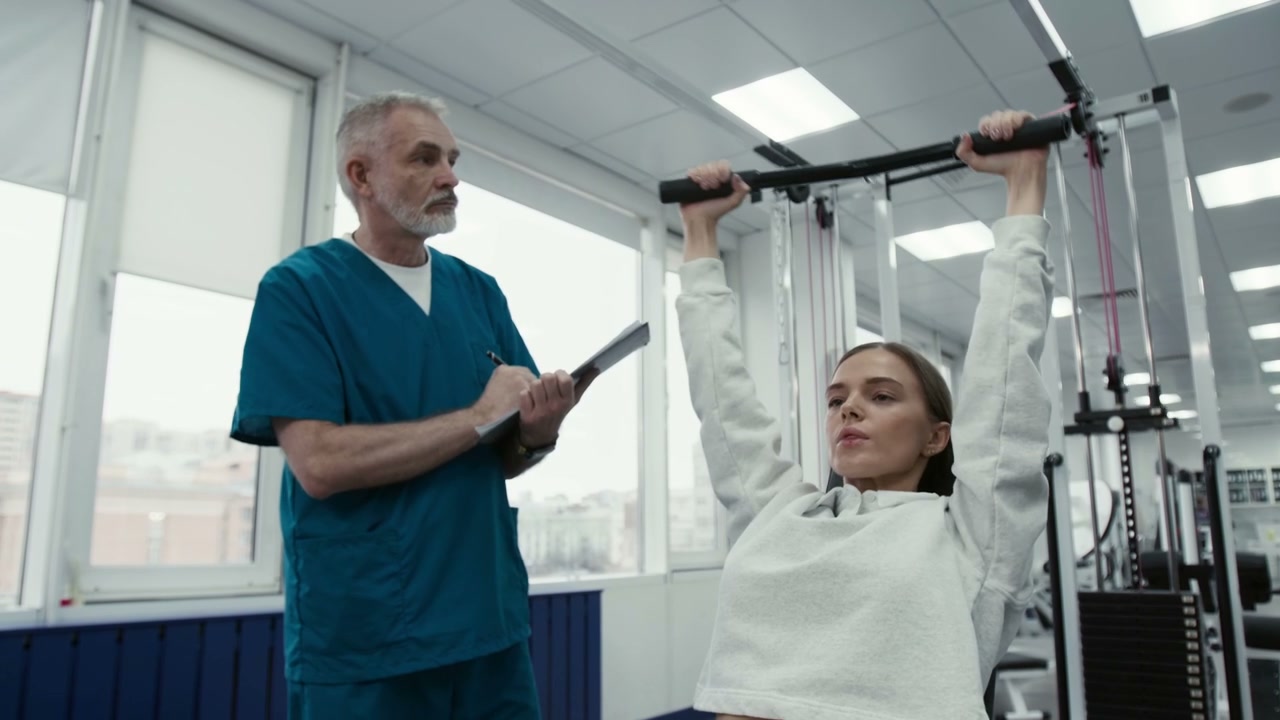 Physiotherapist Assists Woman with Cable Exercise