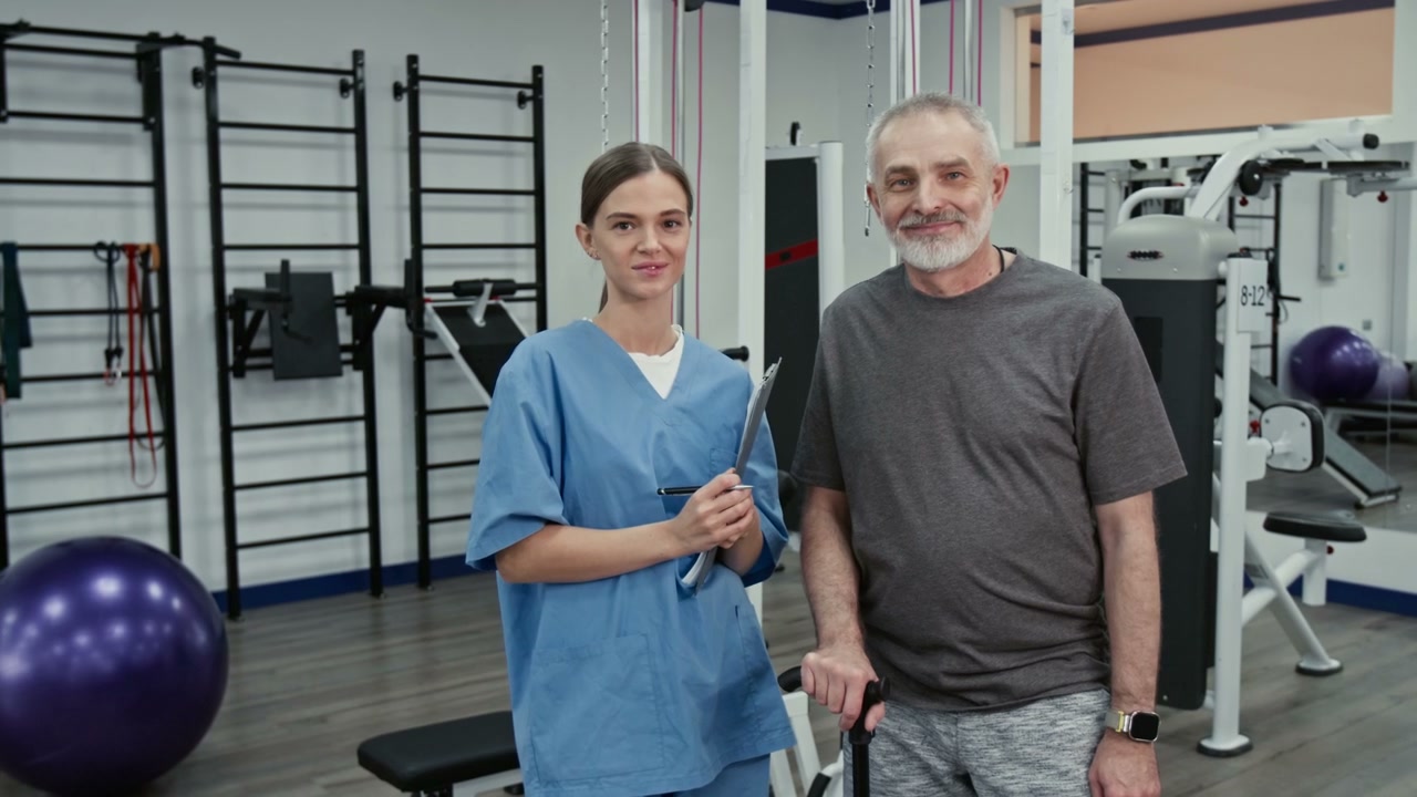 Physiotherapist and Senior Man in Rehabilitation