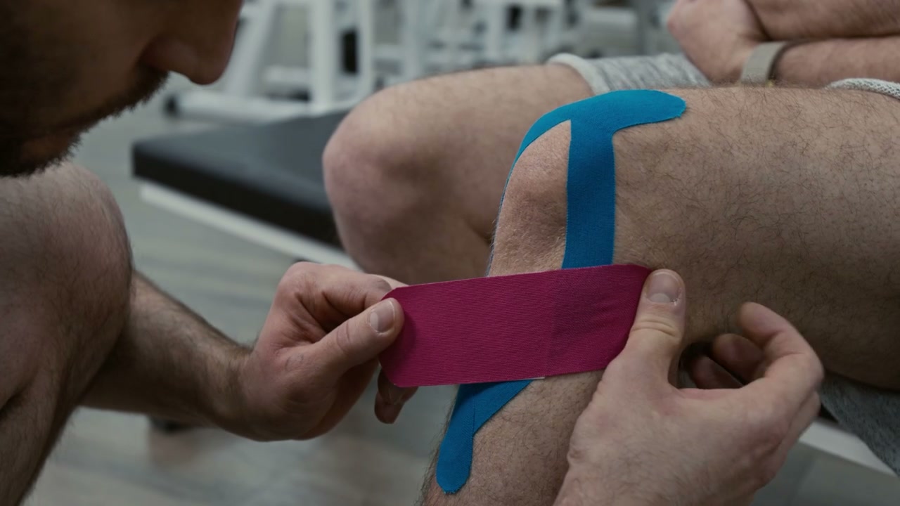 Close-Up Kinesiology Tape Application on Knee