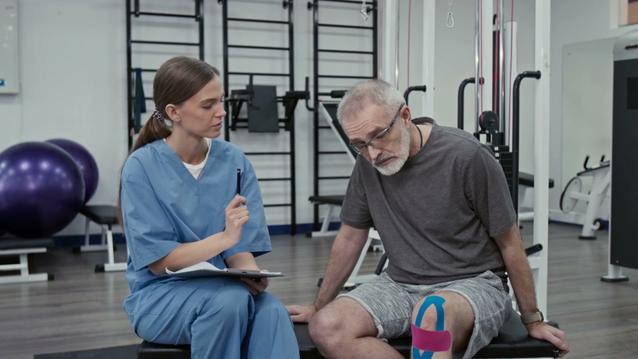 Physiotherapist Consults Senior Patient on Knee Injury