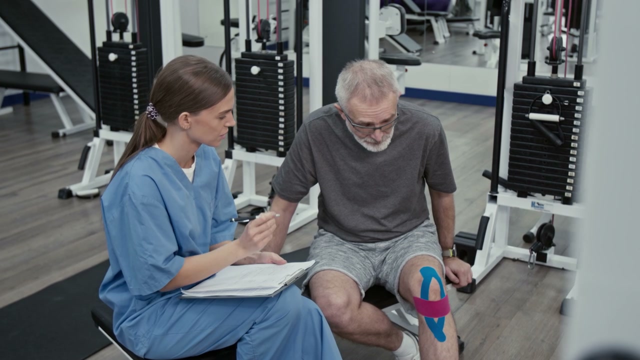 Physiotherapist Consults Senior for Knee Rehab