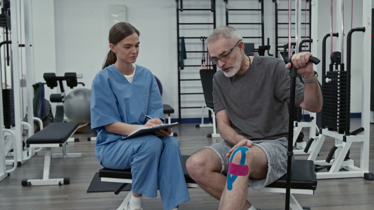 Physiotherapist Consults Senior Man in Rehab Clinic