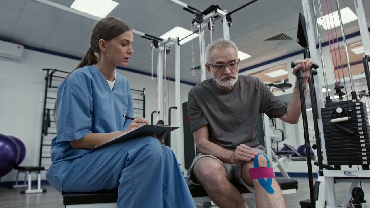 Physiotherapist Consults Senior Man with Knee Injury