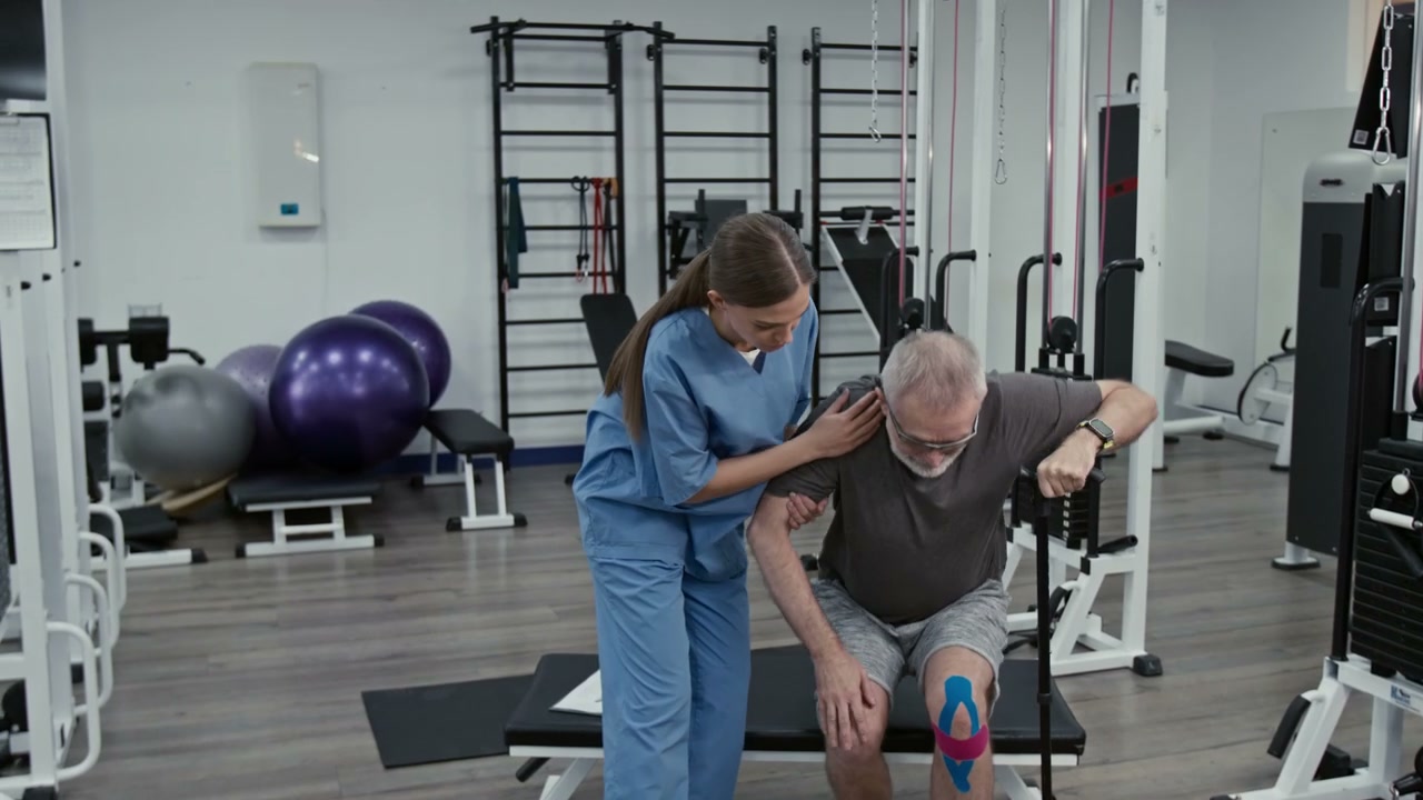 Physiotherapist Helps Senior Man Walk
