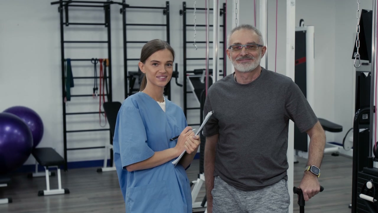 Smiling Physiotherapist and Patient with Cane