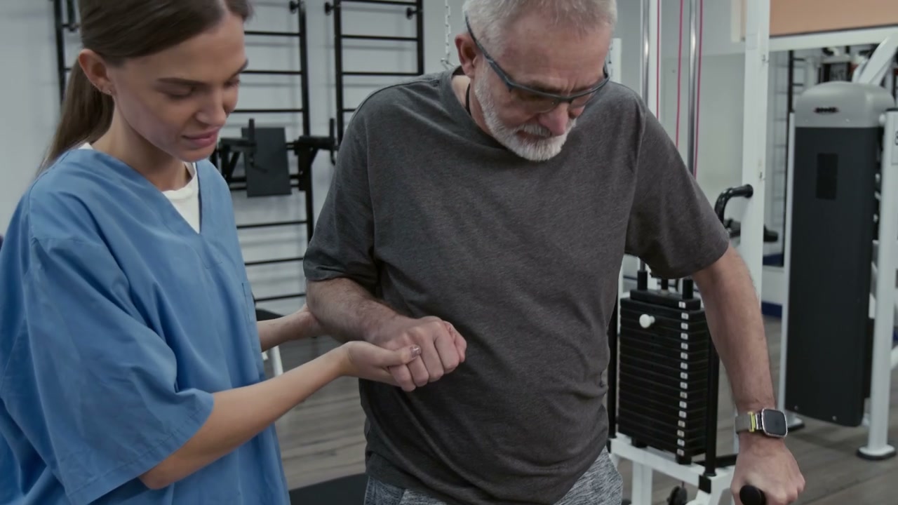 Senior Man Walking with Physiotherapist Support