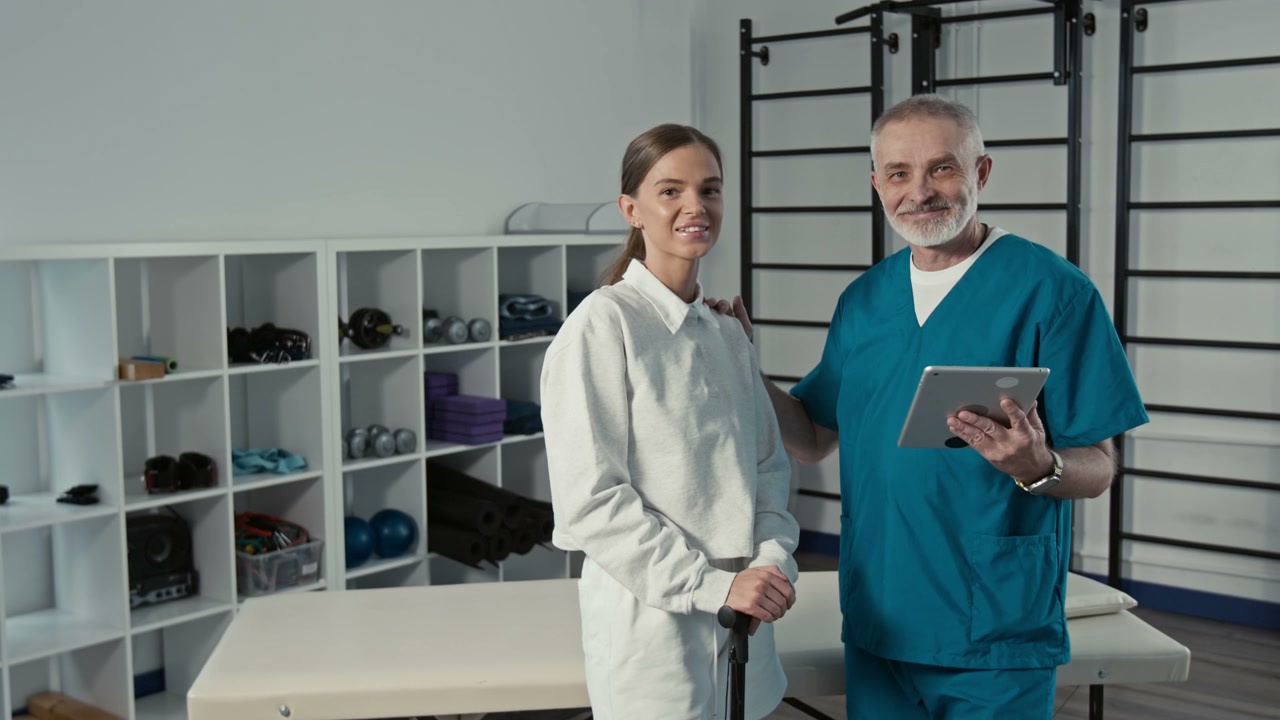 Doctor and Patient Smiling in Rehabilitation Clinic