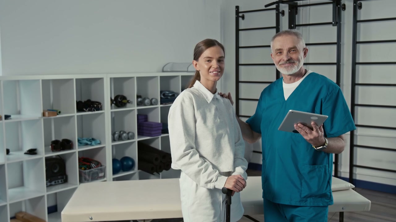 Physiotherapist and Patient Smiling in Clinic