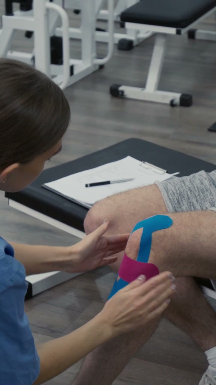 Physiotherapist Applying Kinesiology Tape to Knee