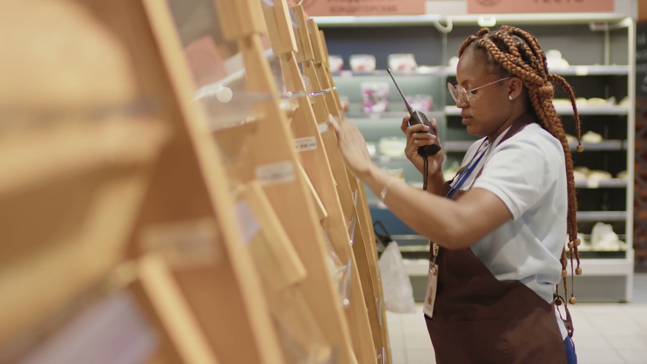 Supermarket Worker Checking Shelves with Radio